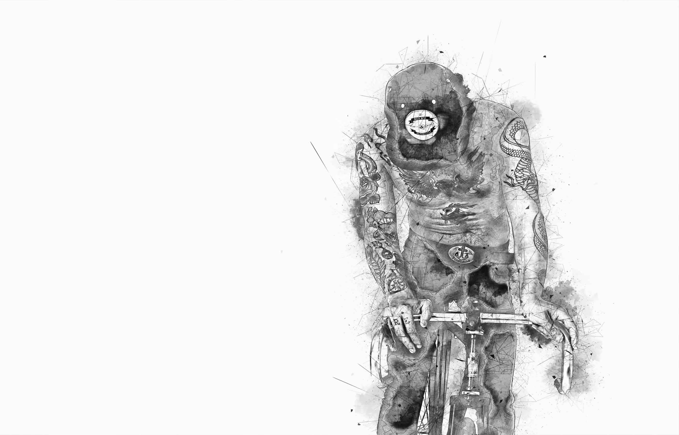 Monochrome hand-drawn cyclist artwork