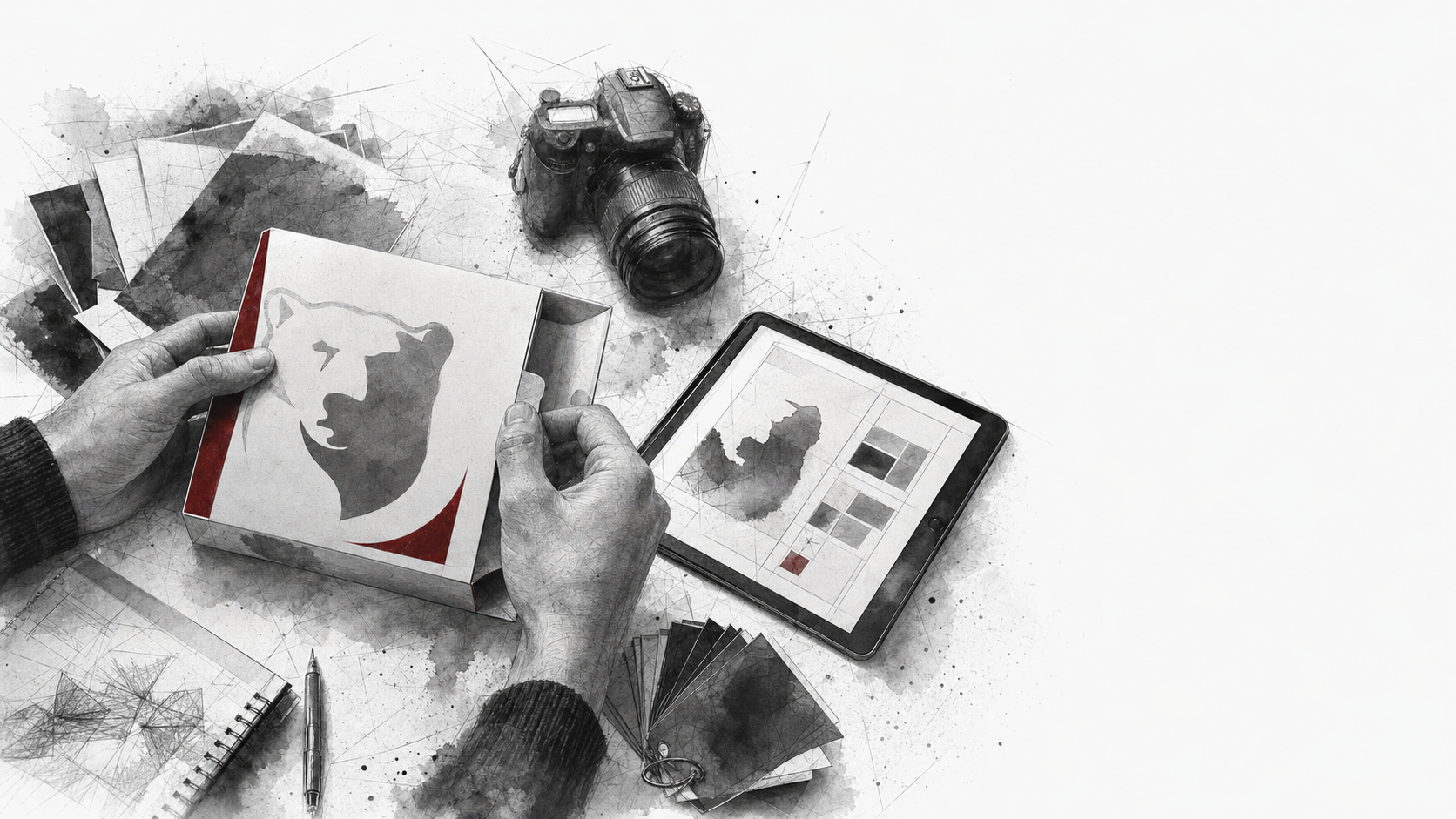 Hands reviewing packaging, photography and digital design materials