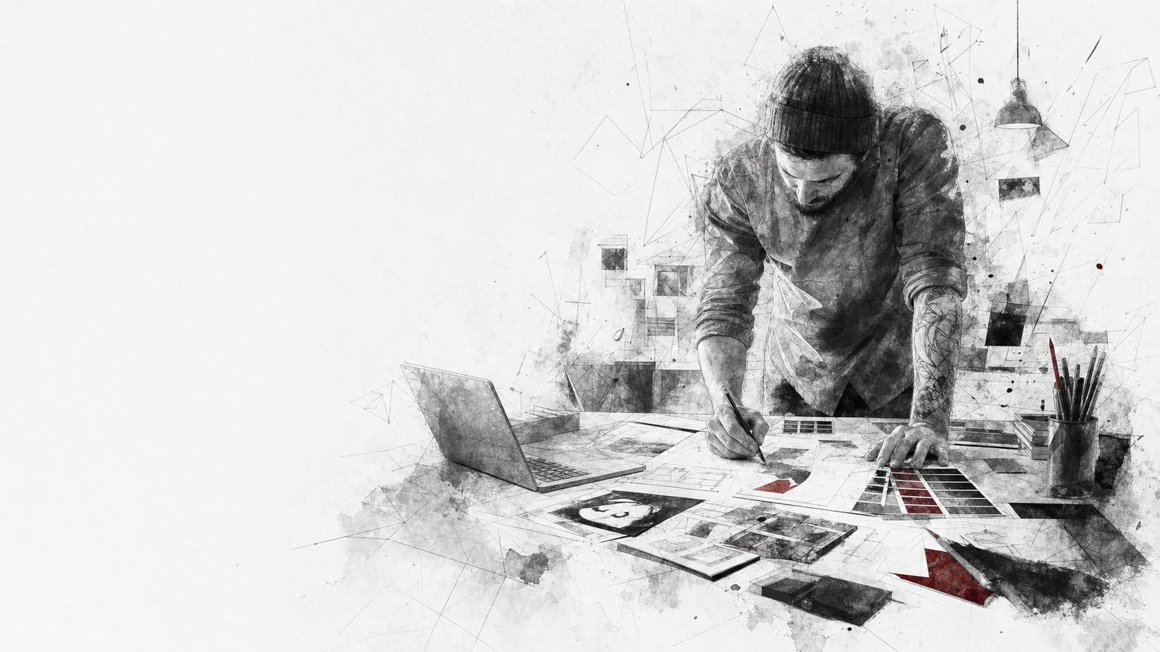 Designer working at a studio table in a charcoal illustration style